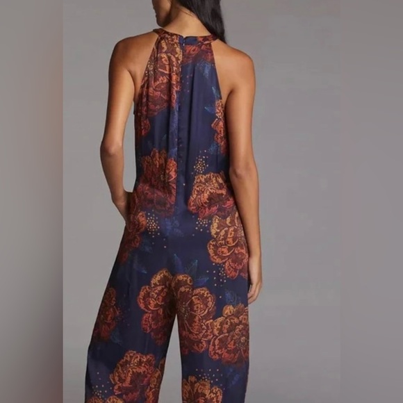 ANTHROPOLOGIE FARM RIO SLEEVELESS FLORAL HALTER JUMPSUIT SIZE M NAVY/ORANGE NWT - Picture 5 of 11